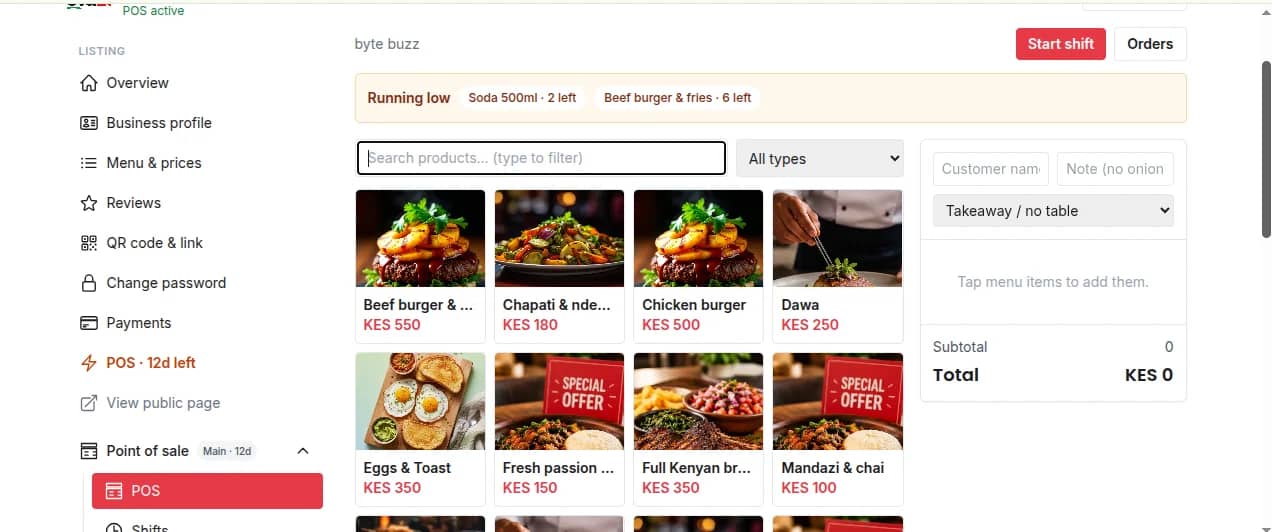 Restaurant POS till with menu items and order panel
