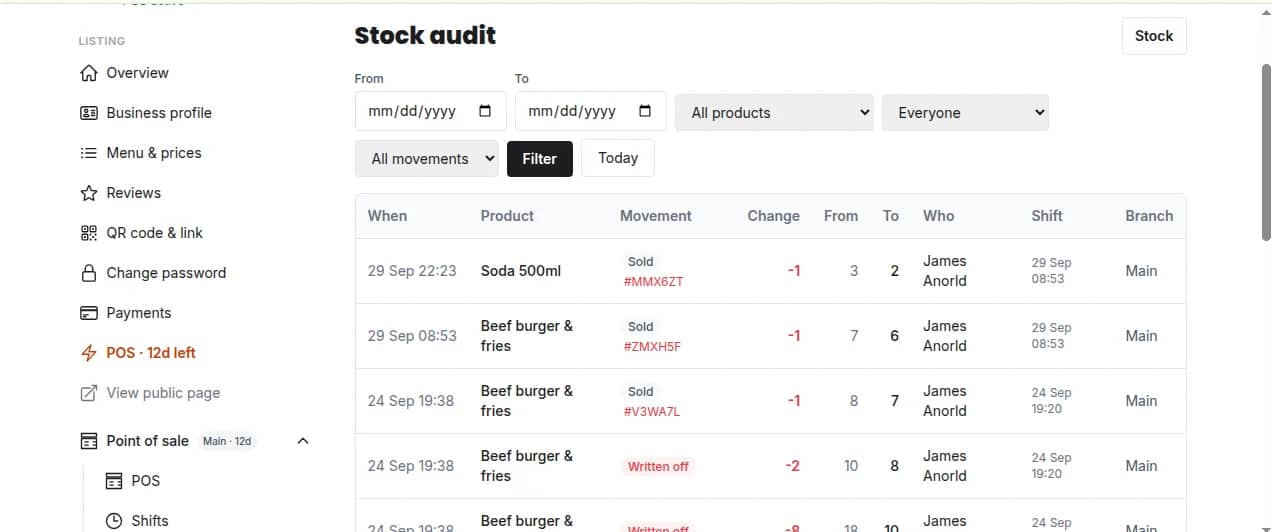 Stock audit: every sale and write-off recorded by product, cashier and shift