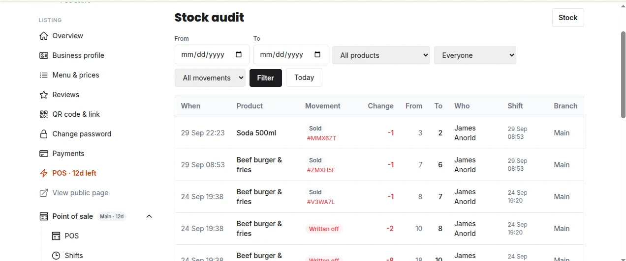 POS stock audit listing every item sold or written off by cashier and shift